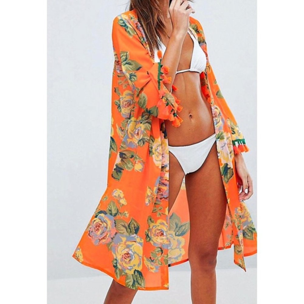 Boohoo Orange Floral Tassel Kimono Coverup Size 6